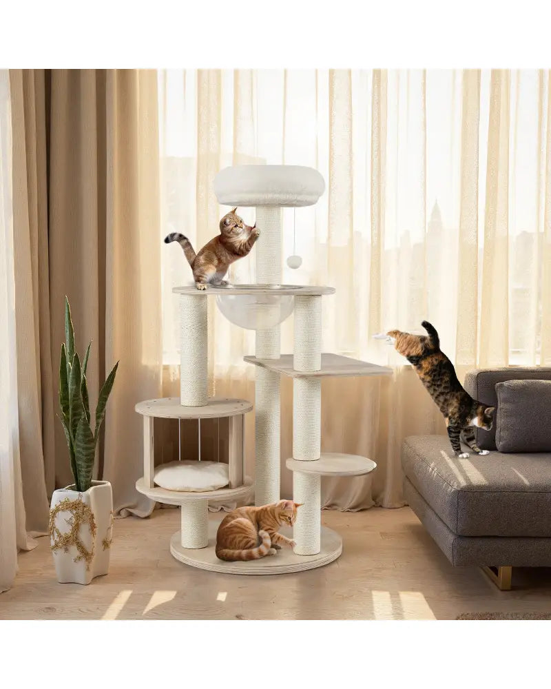 52 Inches Tall Wooden Cat Tree with Washable Plush Cushions and Multi-Level Climbing Stand - Cat Trees Condos &