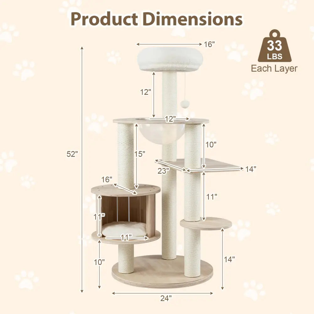 52 Inches Tall Wooden Cat Tree with Washable Plush Cushions and Multi-Level Climbing Stand - Cat Trees Condos &