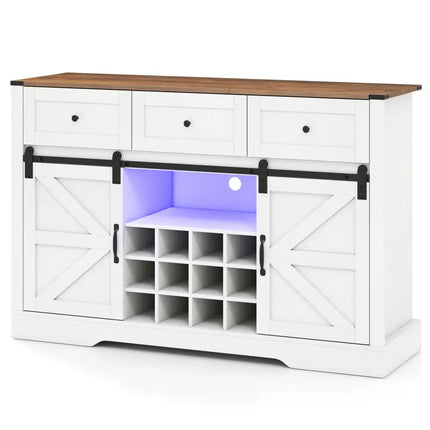 52 Inches Wine Bar Cabinet with LED Lights and Sliding Barn Doors-White Costway