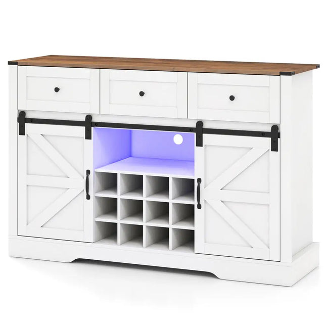 52 Inches Wine Bar Cabinet with LED Lights and Sliding Barn Doors-White Costway