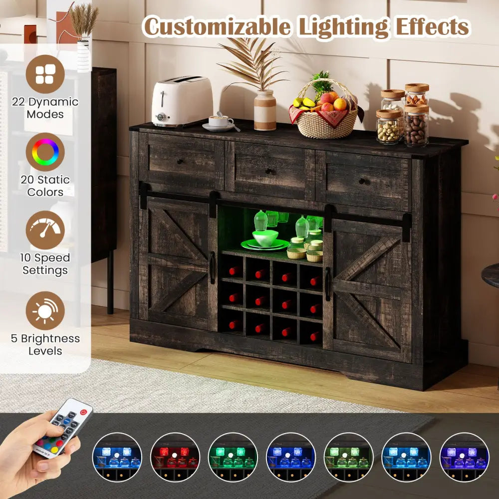 52 Inches Wine Bar Cabinet with LED Lights and Sliding Barn Doors-Black - Oak - Sideboards Cabinets & Buffets