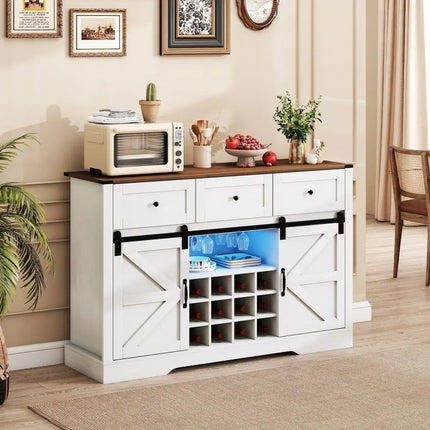 52 Inches Wine Bar Cabinet with LED Lights and Sliding Barn Doors-White Costway