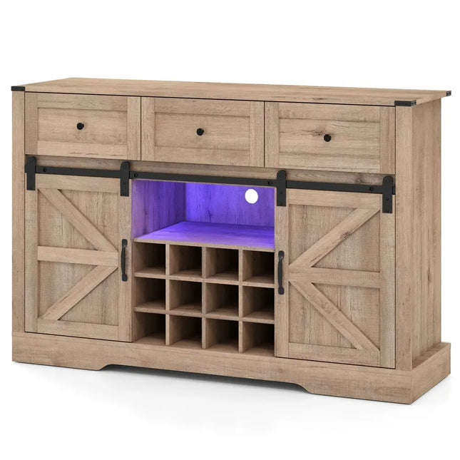 52 Inches Wine Bar Cabinet with LED Lights and Sliding Barn Doors-Light Gray Costway