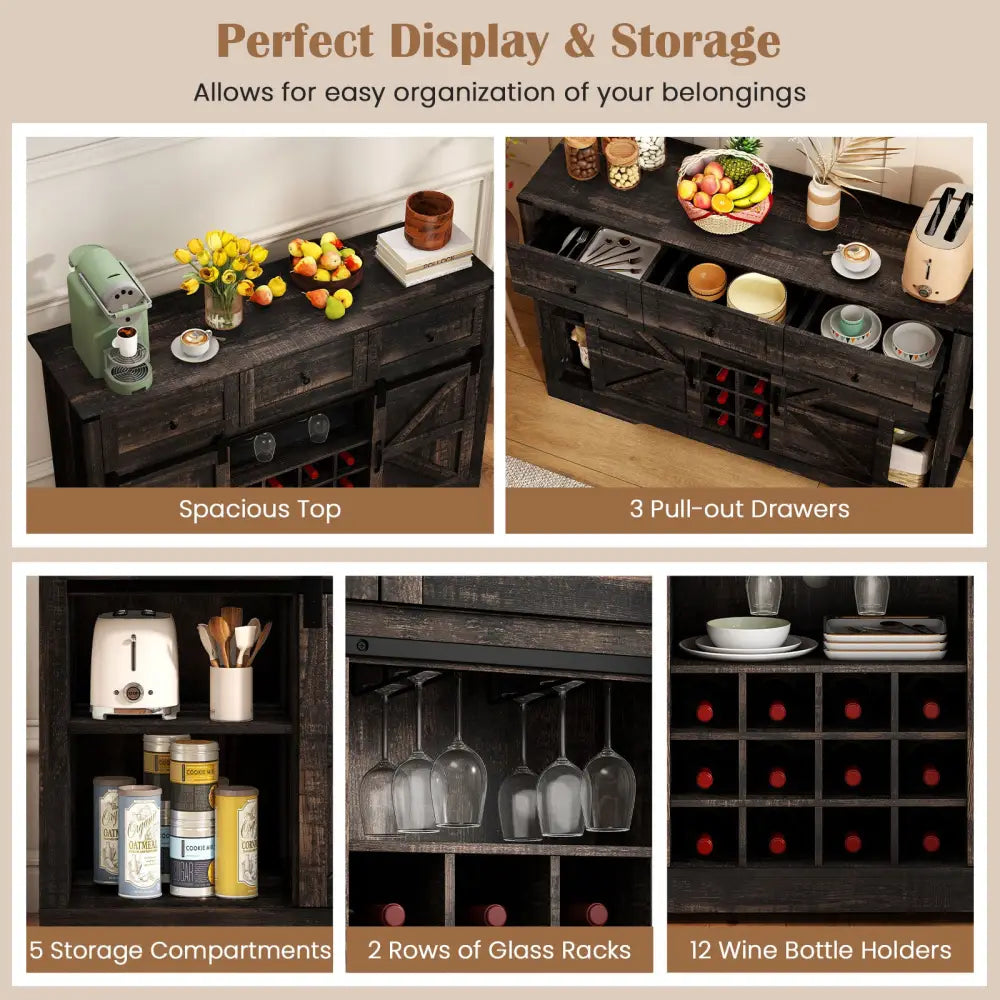 52 Inches Wine Bar Cabinet with LED Lights and Sliding Barn Doors-Black - Oak - Sideboards Cabinets & Buffets
