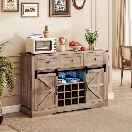 52 Inches Wine Bar Cabinet with LED Lights and Sliding Barn Doors-Light Gray Costway