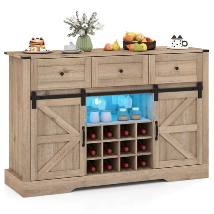 52 Inches Wine Bar Cabinet with LED Lights and Sliding Barn Doors-Light Gray Costway