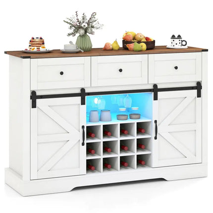 52 Inches Wine Bar Cabinet with LED Lights and Sliding Barn Doors-White Costway