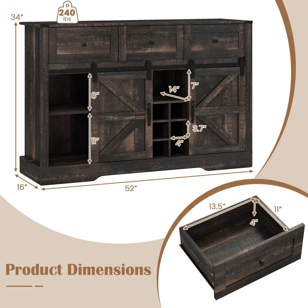52 Inches Wine Bar Cabinet with LED Lights and Sliding Barn Doors-Black - Oak - Sideboards Cabinets & Buffets