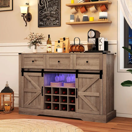 52 Inches Wine Bar Cabinet with LED Lights and Sliding Barn Doors-Light Gray Costway