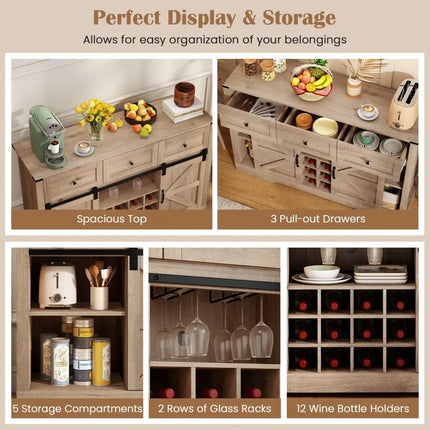 52 Inches Wine Bar Cabinet with LED Lights and Sliding Barn Doors-Light Gray Costway
