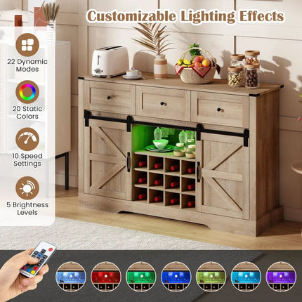 52 Inches Wine Bar Cabinet with LED Lights and Sliding Barn Doors-Light Gray Costway