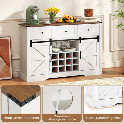 52 Inches Wine Bar Cabinet with LED Lights and Sliding Barn Doors-White Costway