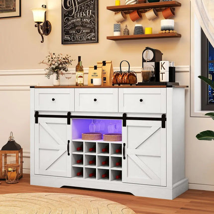 52 Inches Wine Bar Cabinet with LED Lights and Sliding Barn Doors-White Costway