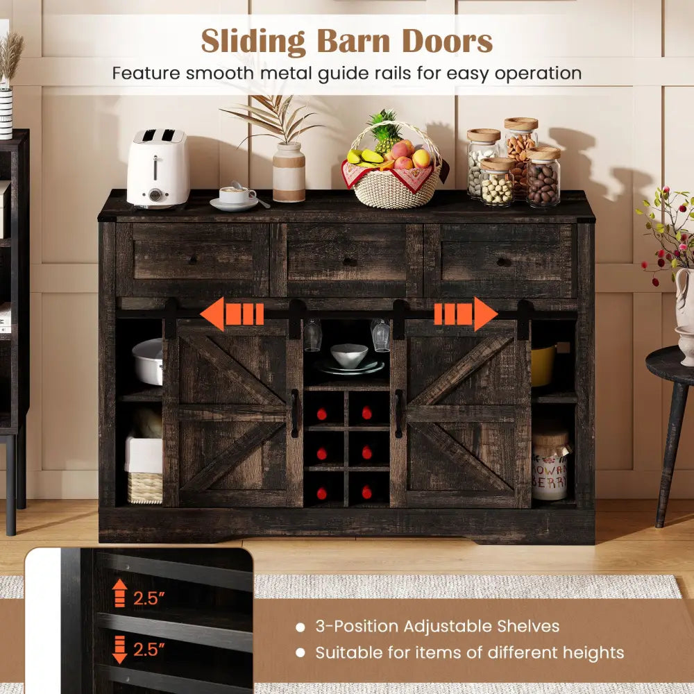 52 Inches Wine Bar Cabinet with LED Lights and Sliding Barn Doors-Black - Oak - Sideboards Cabinets & Buffets