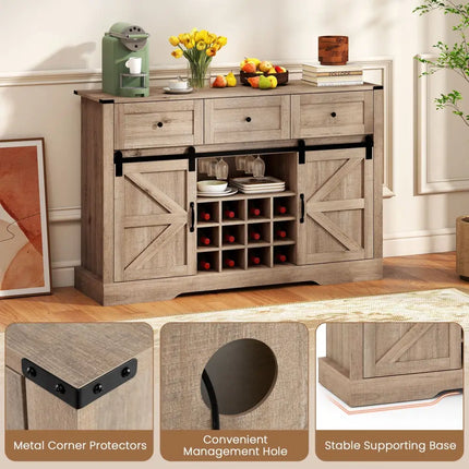 52 Inches Wine Bar Cabinet with LED Lights and Sliding Barn Doors-Light Gray Costway