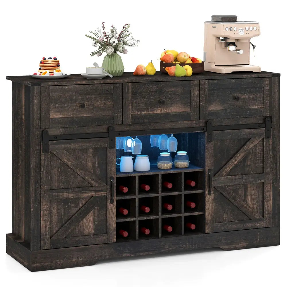 52 Inches Wine Bar Cabinet with LED Lights and Sliding Barn Doors-Black - Oak - Sideboards Cabinets & Buffets