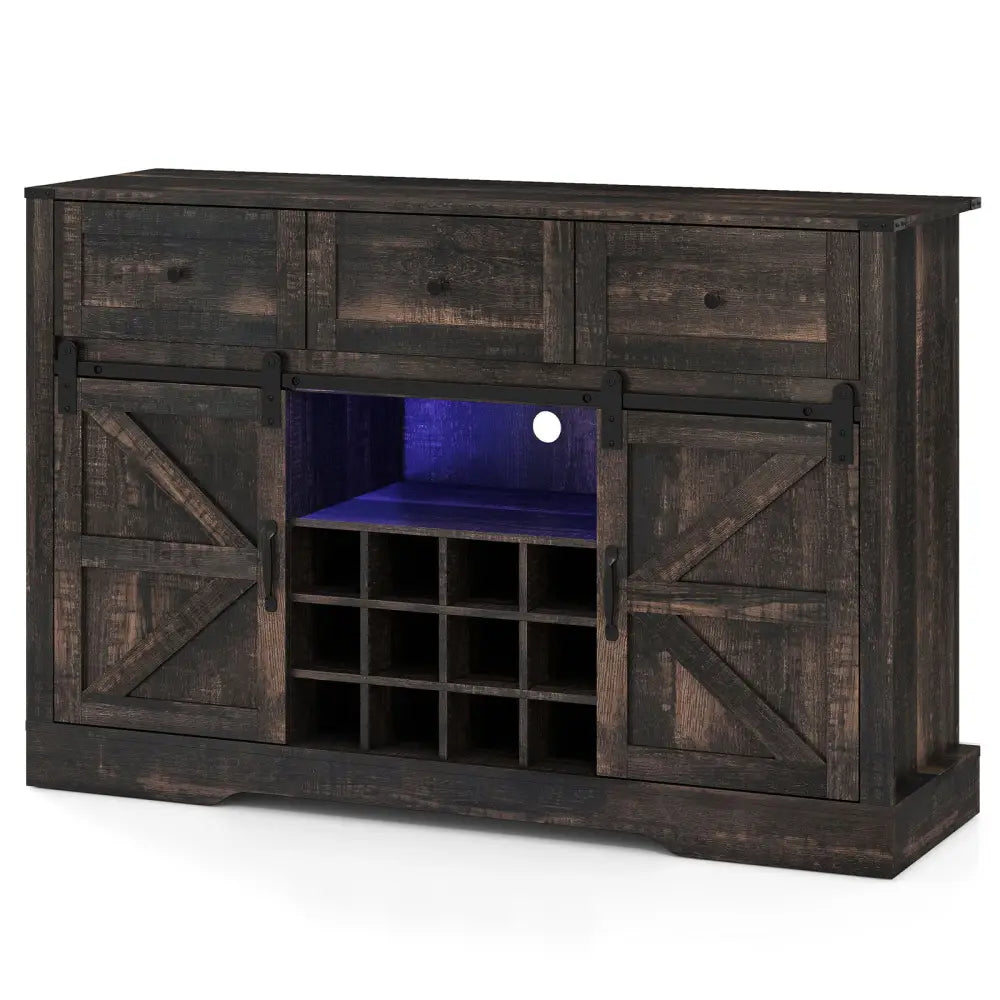 52 Inches Wine Bar Cabinet with LED Lights and Sliding Barn Doors-Black - Oak - Sideboards Cabinets & Buffets