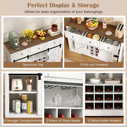 52 Inches Wine Bar Cabinet with LED Lights and Sliding Barn Doors-White Costway