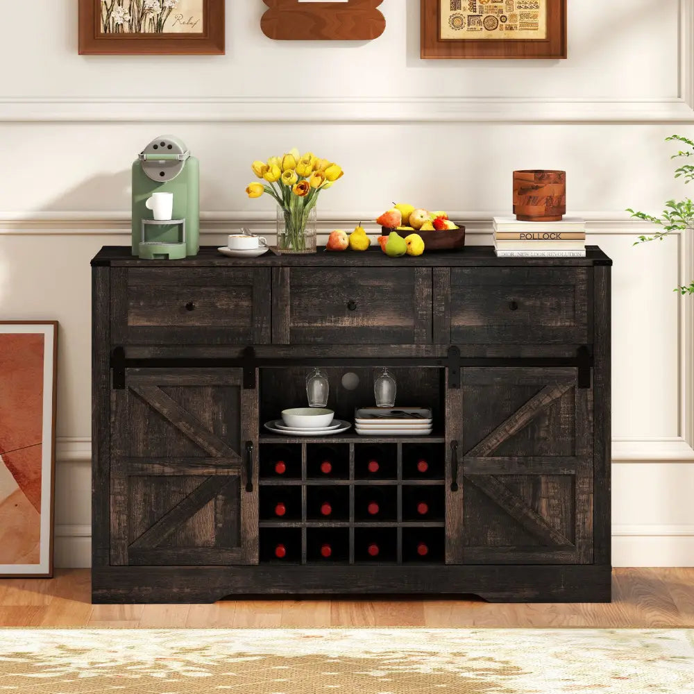 52 Inches Wine Bar Cabinet with LED Lights and Sliding Barn Doors-Black - Oak - Sideboards Cabinets & Buffets
