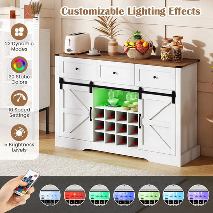 52 Inches Wine Bar Cabinet with LED Lights and Sliding Barn Doors-White Costway