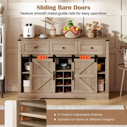 52 Inches Wine Bar Cabinet with LED Lights and Sliding Barn Doors-Light Gray Costway