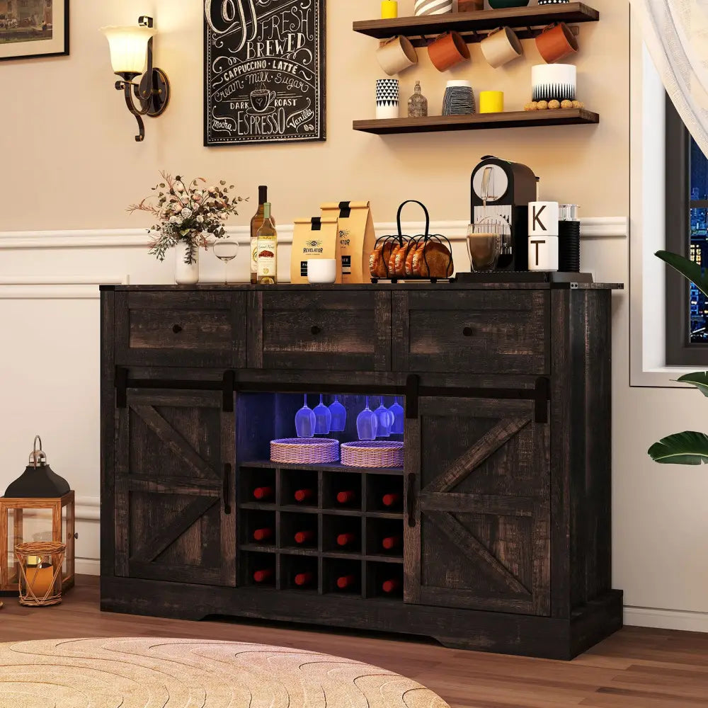 52 Inches Wine Bar Cabinet with LED Lights and Sliding Barn Doors-Black - Oak - Sideboards Cabinets & Buffets