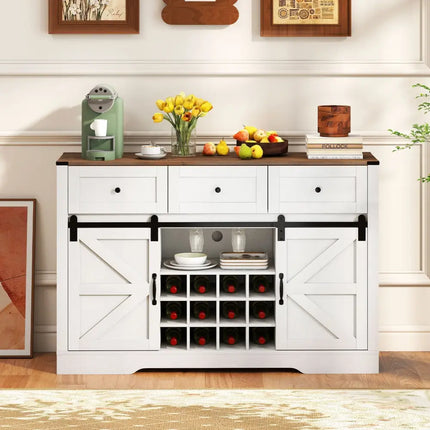 52 Inches Wine Bar Cabinet with LED Lights and Sliding Barn Doors-White Costway