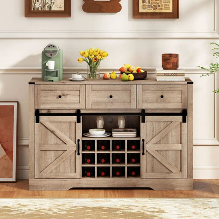 52 Inches Wine Bar Cabinet with LED Lights and Sliding Barn Doors-Light Gray Costway