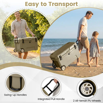 52 Quart Portable Hard Cooler with 6-Day Ice Retention and Wheels-Khaki - Khaki - Coolers