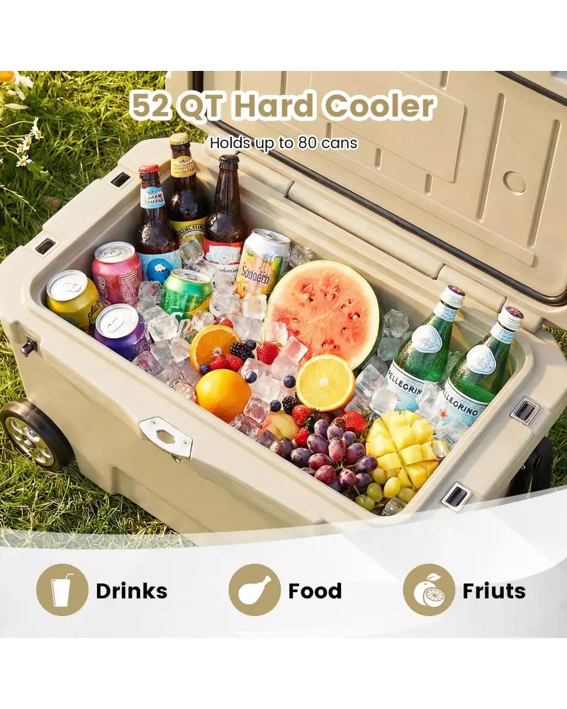 52 Quart Portable Hard Cooler with 6-Day Ice Retention and Wheels-Khaki - Khaki - Coolers