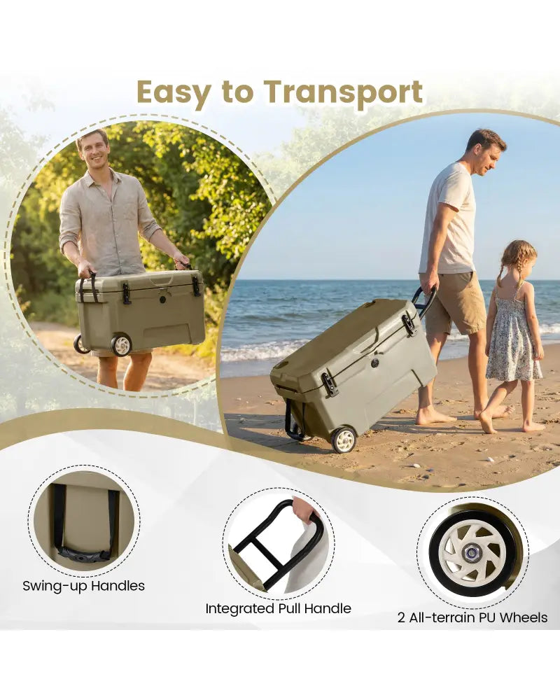 52 Quart Portable Hard Cooler with 6-Day Ice Retention and Wheels-Khaki - Khaki - Coolers