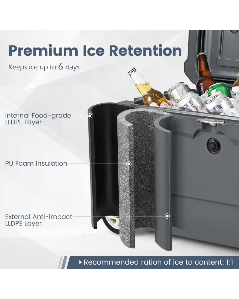 52 Quart Portable Hard Cooler with 6-Day Ice Retention and Wheels-Gray - Gray - Coolers