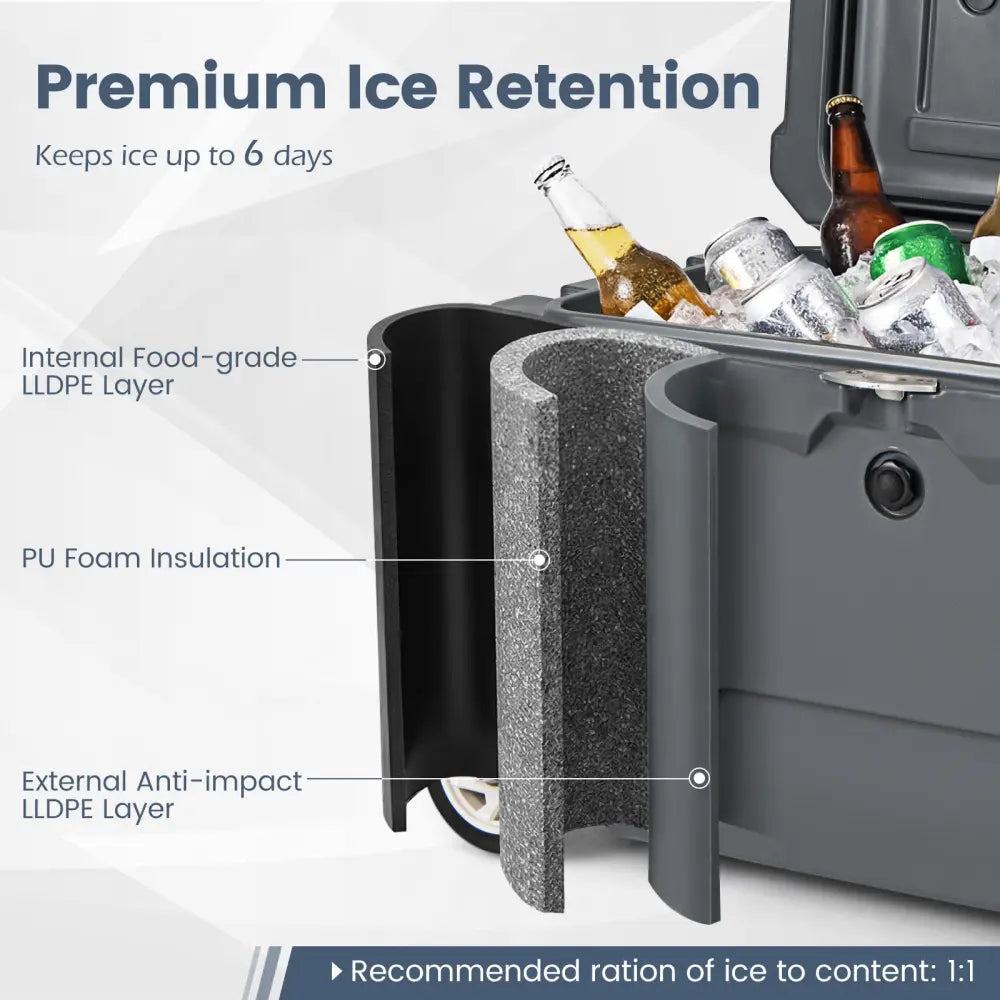 52 Quart Portable Hard Cooler with 6-Day Ice Retention and Wheels-Gray - Gray - Coolers