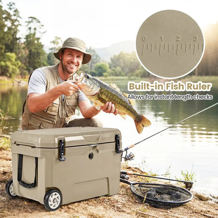52 Quart Portable Hard Cooler with 6-Day Ice Retention and Wheels-Khaki - Khaki - Coolers