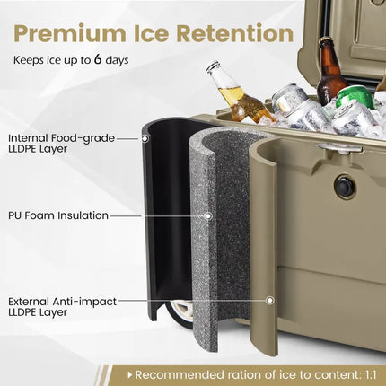 52 Quart Portable Hard Cooler with 6-Day Ice Retention and Wheels-Khaki - Khaki - Coolers