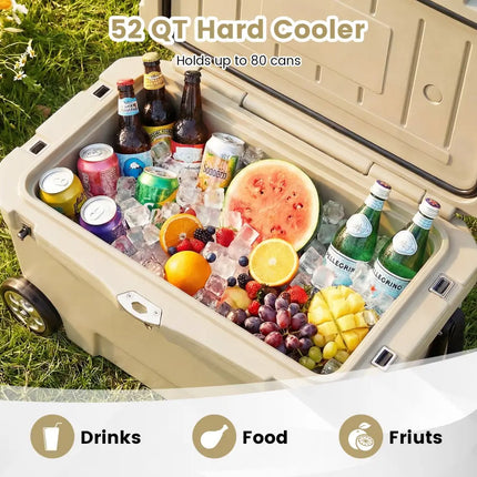 52 Quart Portable Hard Cooler with 6-Day Ice Retention and Wheels-Khaki - Khaki - Coolers