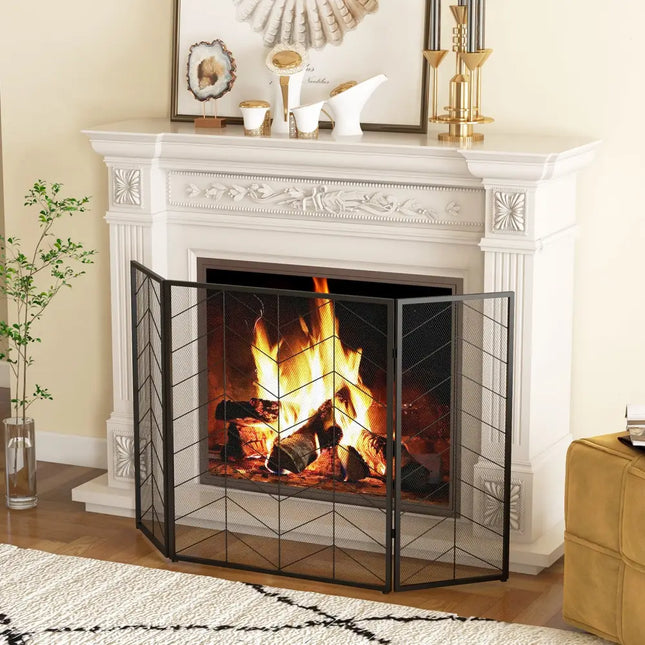 52 x 31 Inch Fireplace Screen with Chevron Herringbone Pattern - Black & Gray - Fireplace Tools