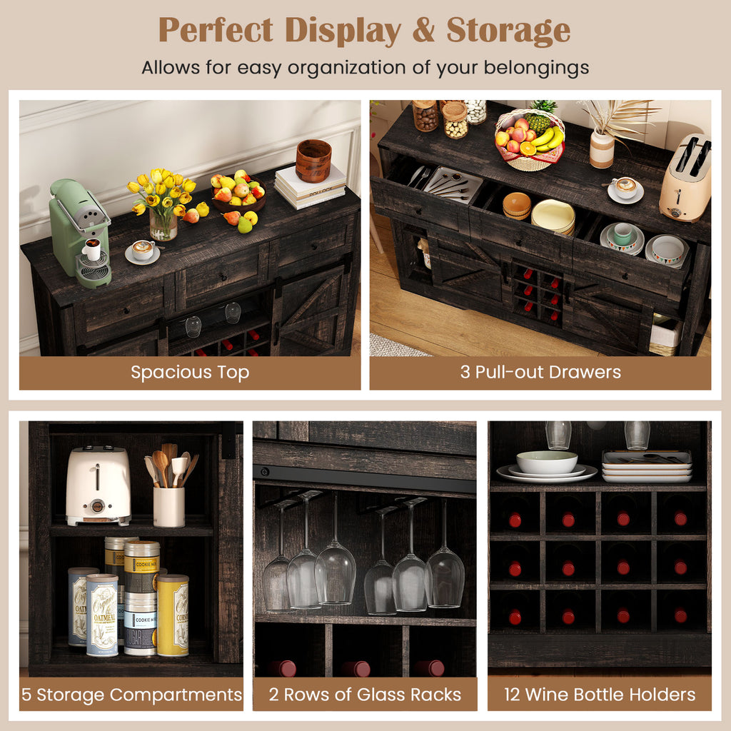 52 Inches Wine Bar Cabinet with LED Lights and Sliding Barn Doors-Black