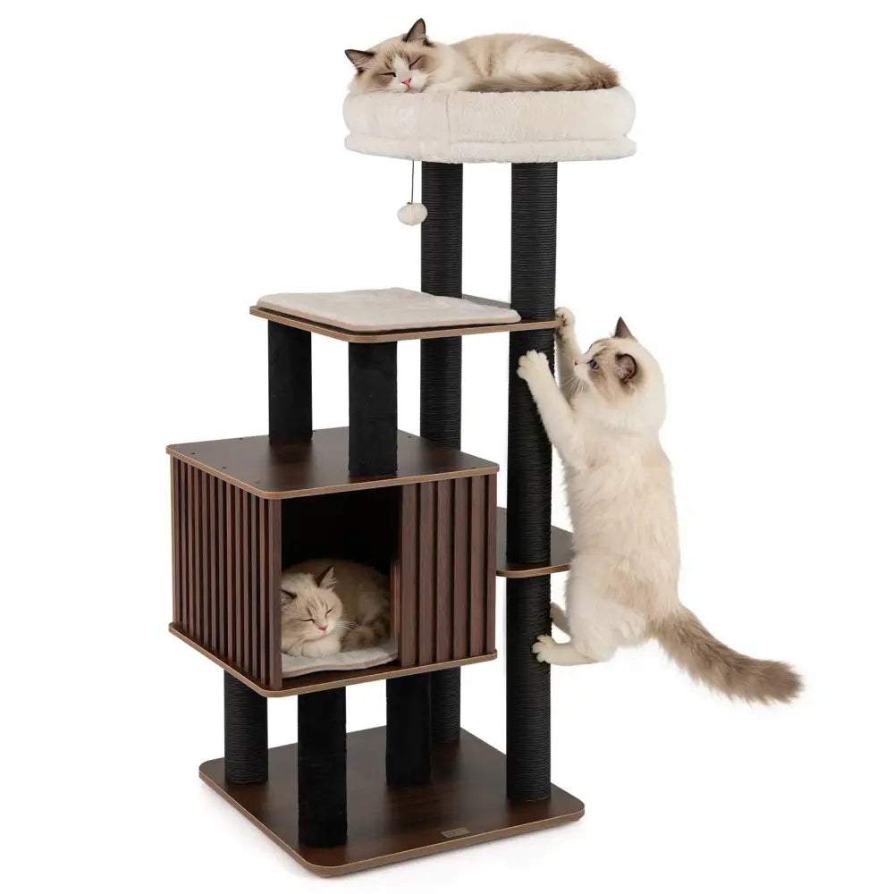 53.5 inch Tall Cat Tree for Indoor Cat Wooden Cat Tower Top Perch with Soft Padding-Brown - Brown - Cat Trees Condos &