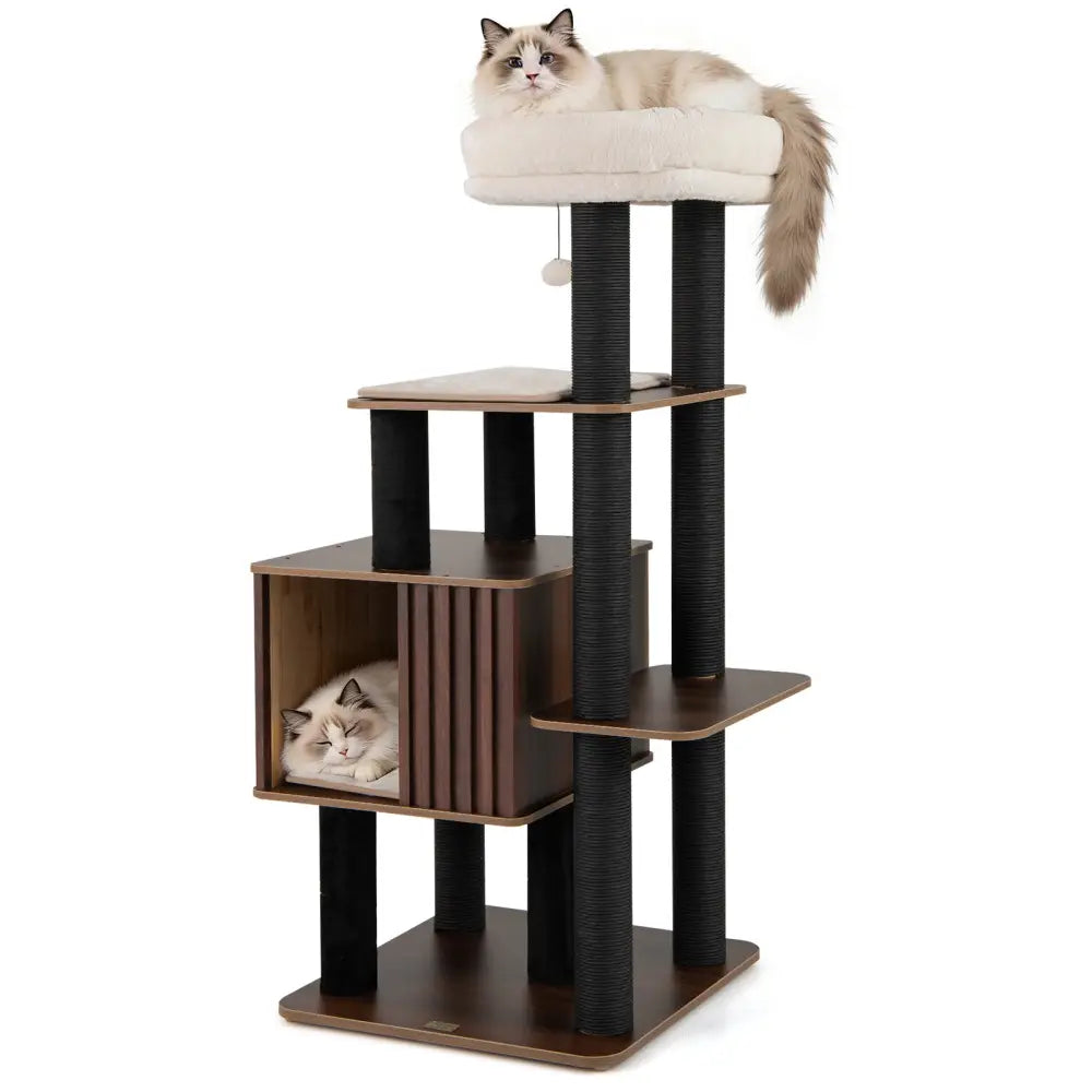 53.5 inch Tall Cat Tree for Indoor Cat Wooden Cat Tower Top Perch with Soft Padding-Brown - Brown - Cat Trees Condos &
