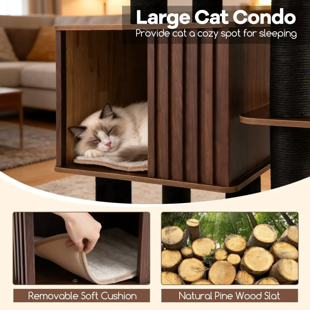 53.5 inch Tall Cat Tree for Indoor Cat Wooden Cat Tower Top Perch with Soft Padding-Brown - Brown - Cat Trees Condos &