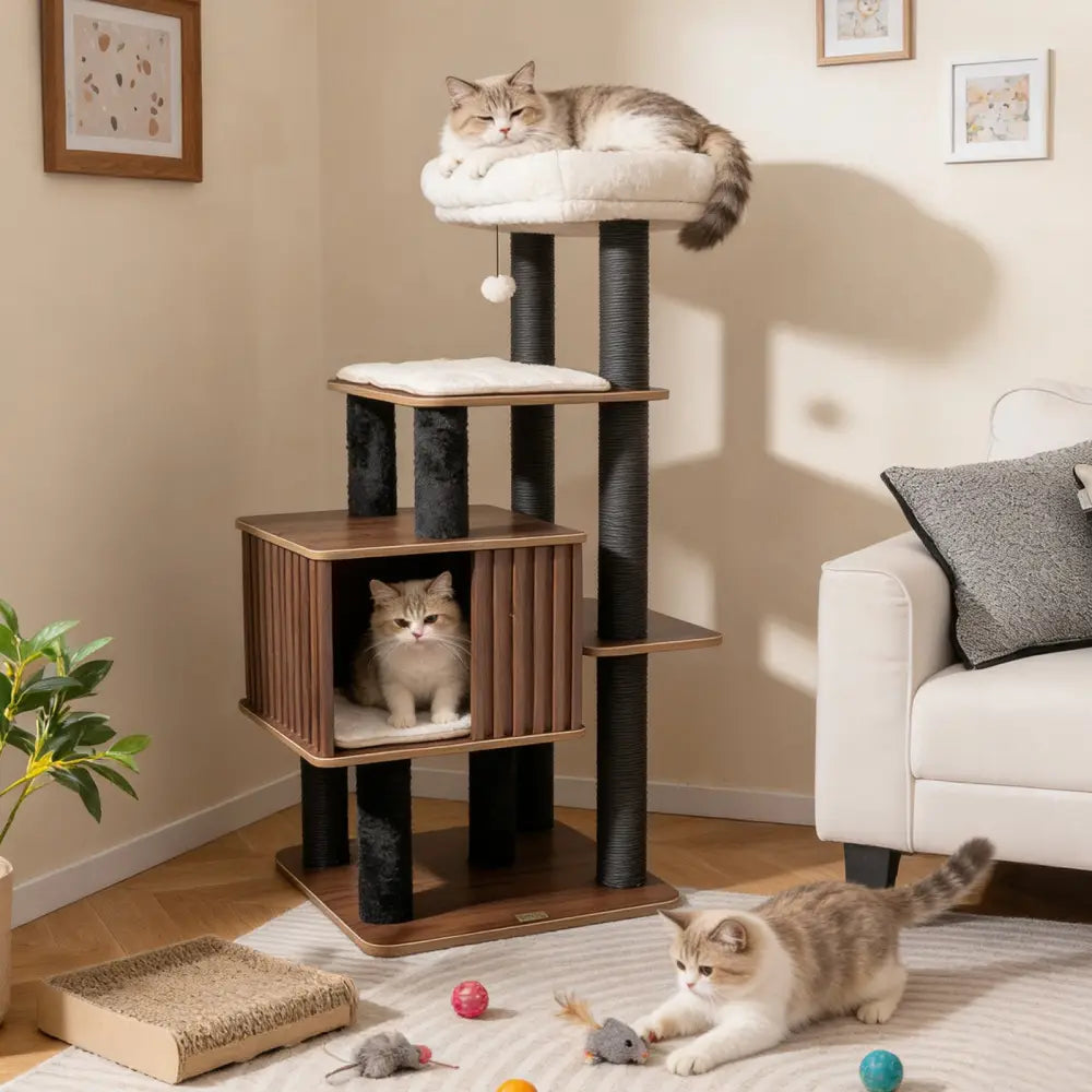 53.5 inch Tall Cat Tree for Indoor Cat Wooden Cat Tower Top Perch with Soft Padding-Brown - Brown - Cat Trees Condos &