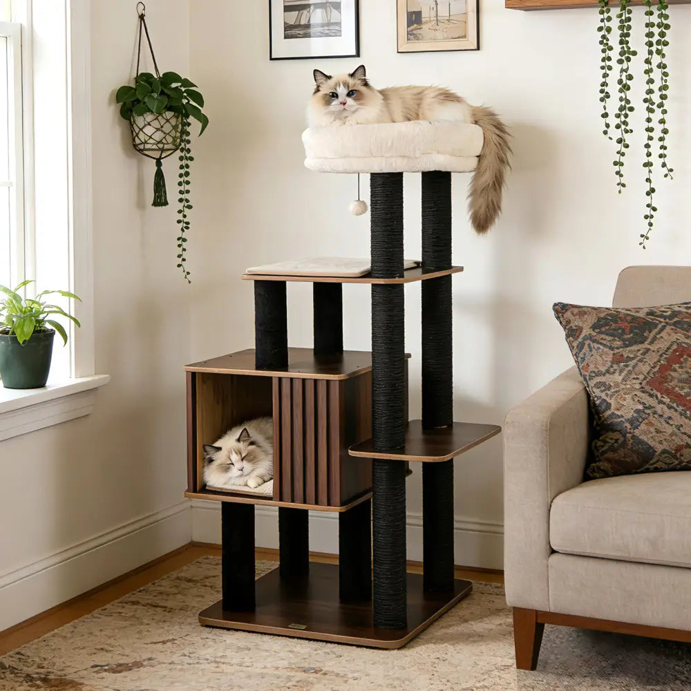 53.5 inch Tall Cat Tree for Indoor Cat Wooden Cat Tower Top Perch with Soft Padding-Brown - Brown - Cat Trees Condos &