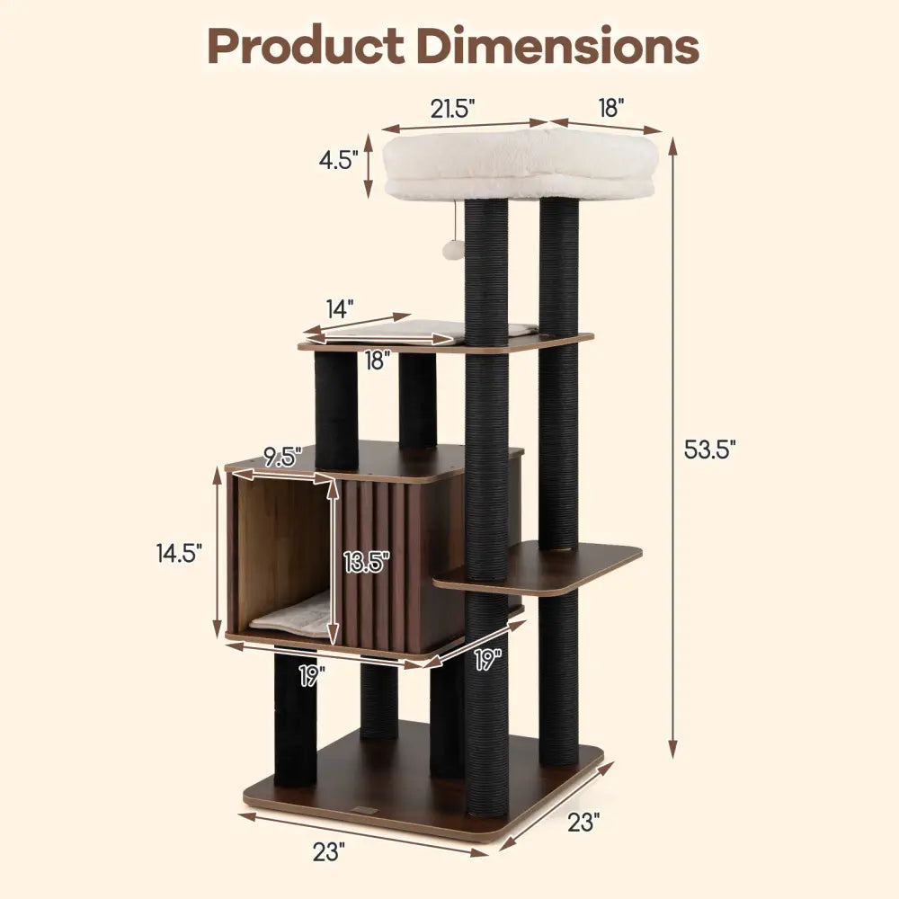 53.5 inch Tall Cat Tree for Indoor Cat Wooden Cat Tower Top Perch with Soft Padding-Brown - Brown - Cat Trees Condos &