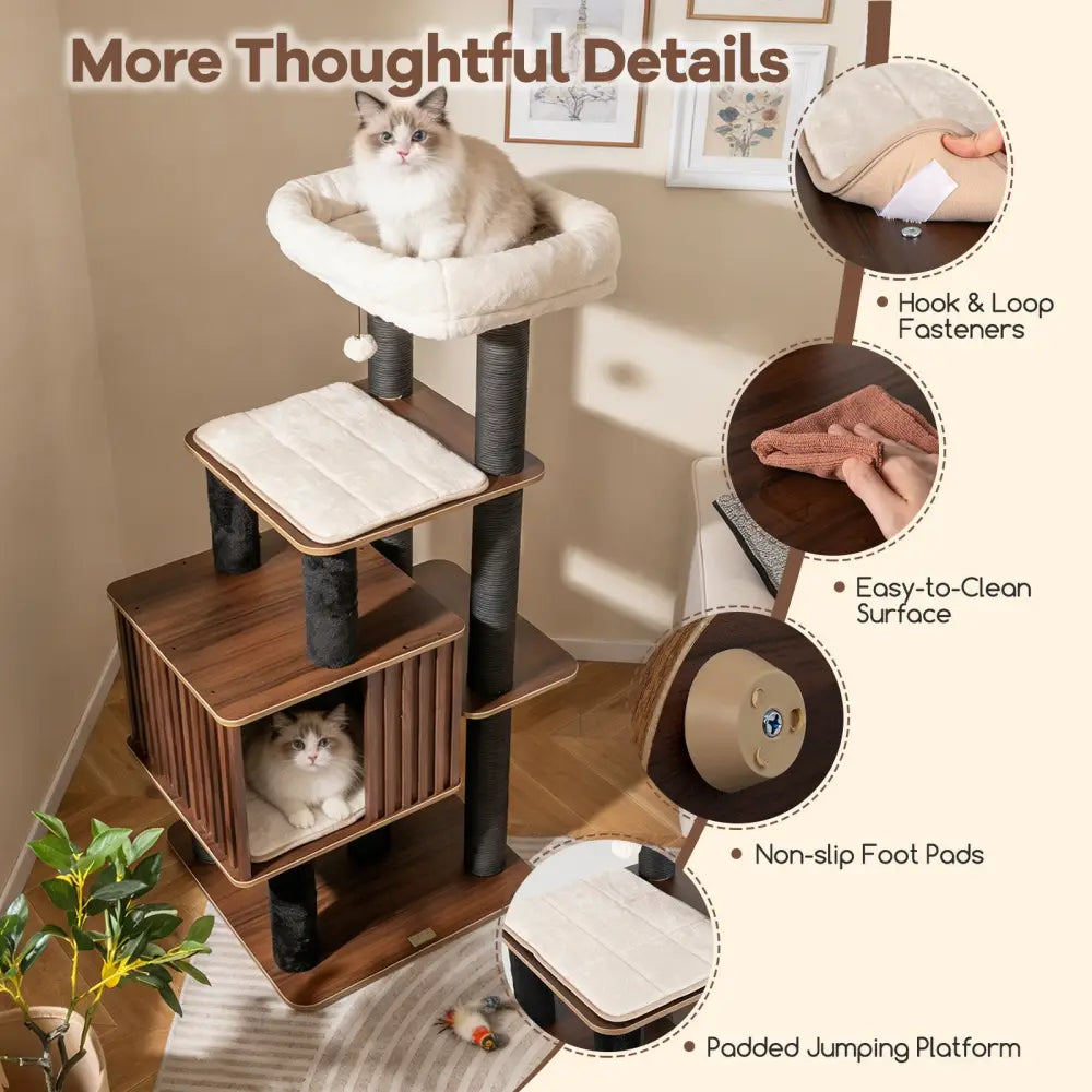 53.5 inch Tall Cat Tree for Indoor Cat Wooden Cat Tower Top Perch with Soft Padding-Brown - Brown - Cat Trees Condos &