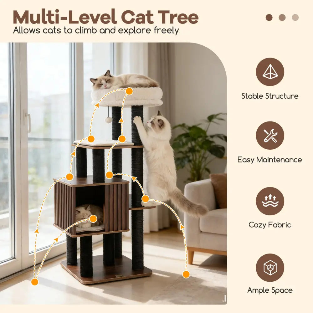 53.5 inch Tall Cat Tree for Indoor Cat Wooden Cat Tower Top Perch with Soft Padding-Brown - Brown - Cat Trees Condos &