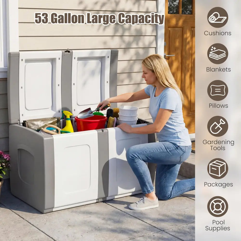 53 Gallon Patio Container with Lockable Lid for Packages and Garden-Gray - Gray - Sheds & Outdoor Storage