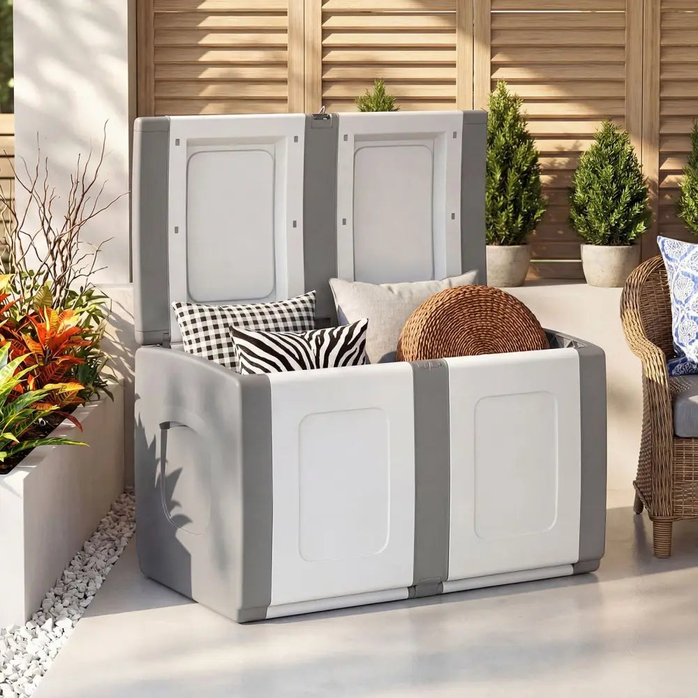 53 Gallon Patio Container with Lockable Lid for Packages and Garden-Gray - Gray - Sheds & Outdoor Storage