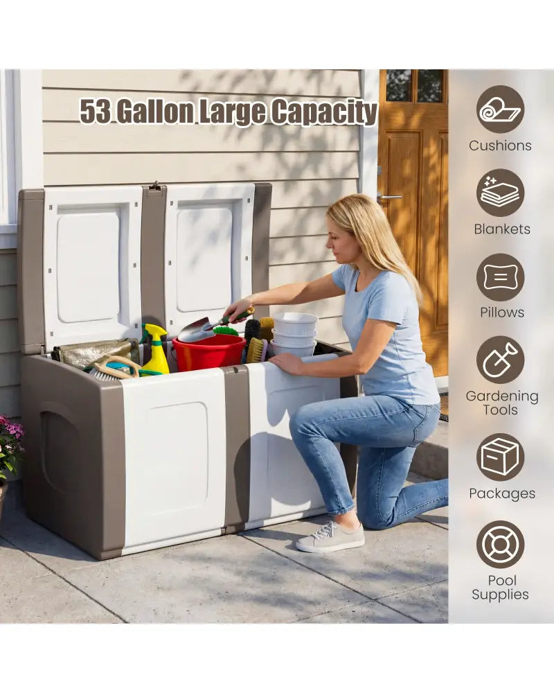 53 Gallon Patio Container with Lockable Lid for Packages and Garden-Beige - Beige - Garden Tools