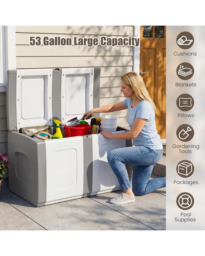 53 Gallon Patio Container with Lockable Lid for Packages and Garden-Gray - Gray - Sheds & Outdoor Storage